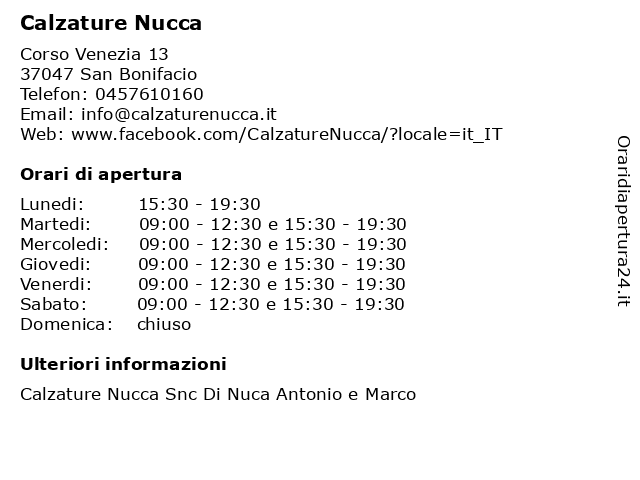 Orari di apertura Calzature Nucca Corso Venezia